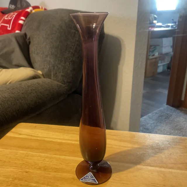 Vtg Morgantown Lead Crystal PurpleGlass Pedestal Flower Vase Burgundy Slender
