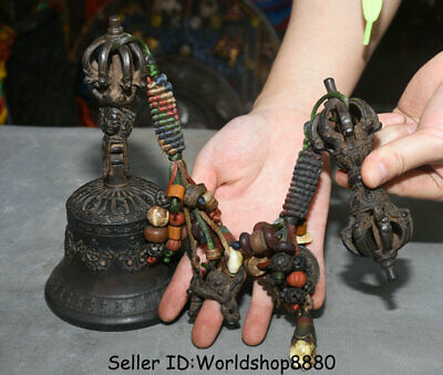 7.6" Old Tibet Buddhism 8 Auspicious Symbol Bronze Dorje Vajra Bell & Holder Box