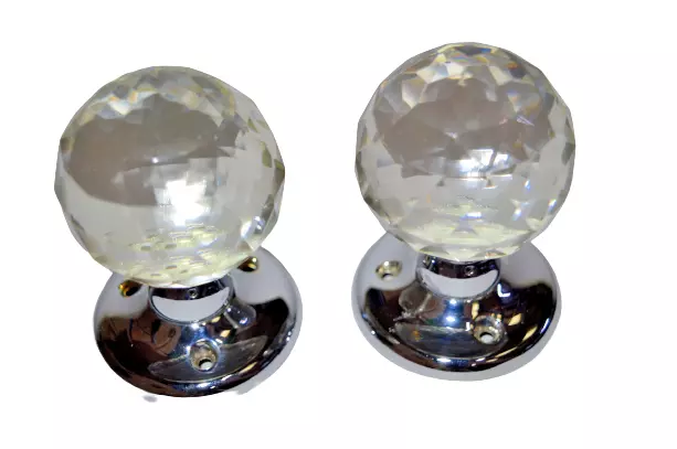 Crystal Glass Door Knob Mortice Faceted Pair Chrome Handles 60mm Round Rose