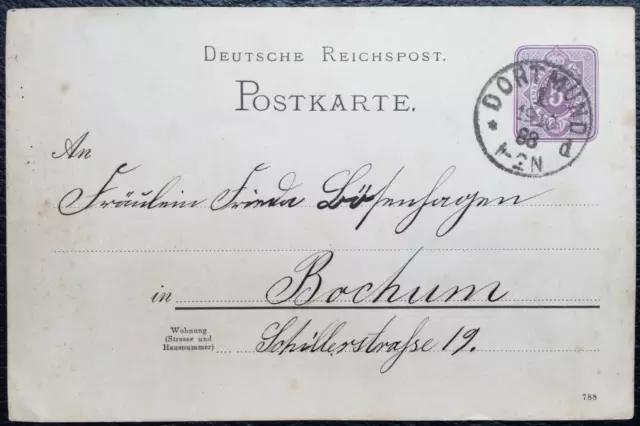 Deutsches Reich 1888 Postkarte Ganzsache 5 Pf./ Dortmund - Bochum / gestempelt