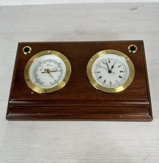 Vintage Wooden Maritime Style clock And Barometer Desk Pen Stand Made In Germany