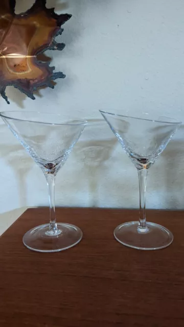 A+ Set Of 2 Pier 1 Angled Rim Crackle Glass Martini Glasses 7 1/4" Tall