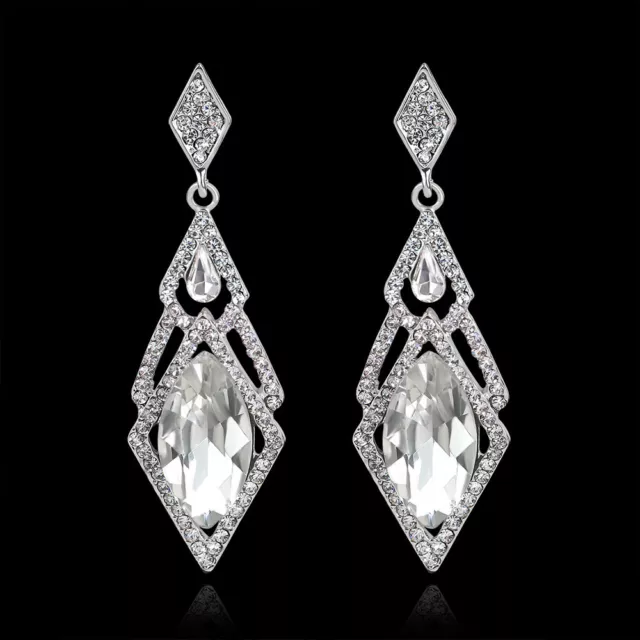 Silver White Crystal Drop Earrings Art Deco Style Long Drop Party sparkle