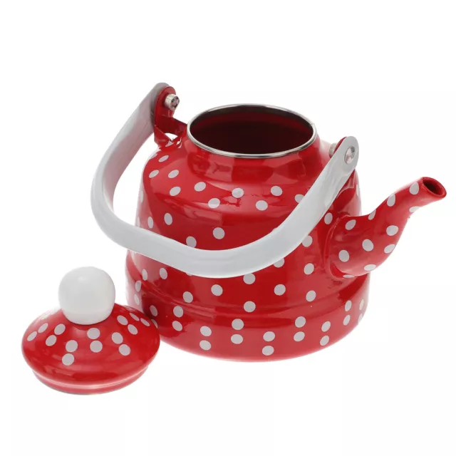 White & Red Dot Tea Kettle for Stove Top, 1.1L Enamel with Handle-