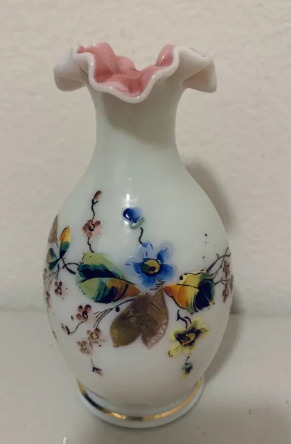 Antique Victorian Bohemian Cased Custard Hand Painted Enamel Art Glass Vase UV