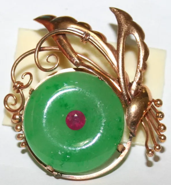 ANTIQUE VICTORIAN FRENCH 18k GOLD JADE RUBY 15 gr FINE HAND MADE BROOCH c 1900