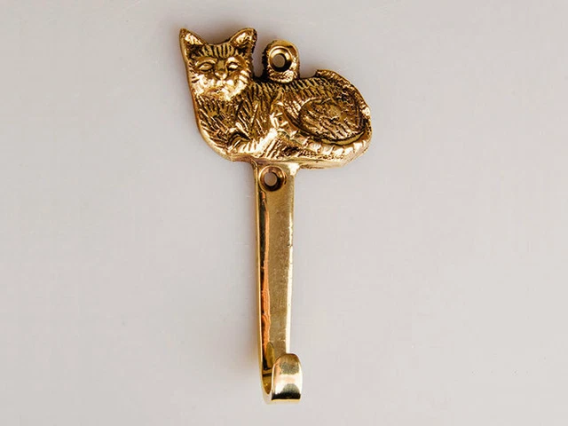 Vintage Handmade Cat Brass Hanger Holder Wall Decor Collectible one Hooks 10 cm