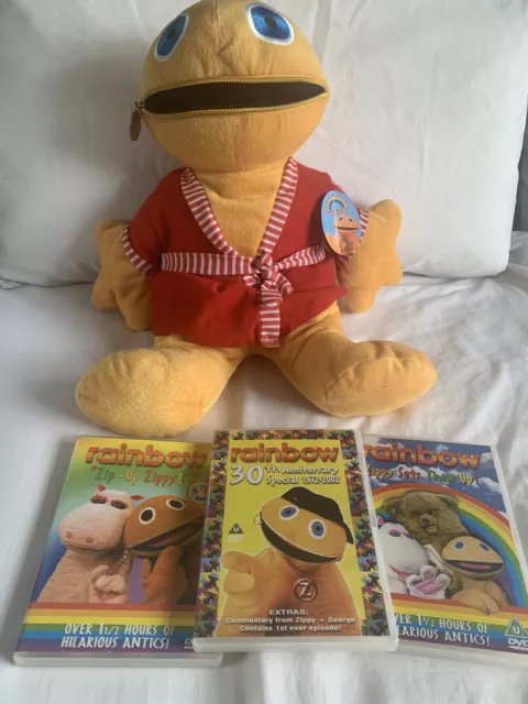 Large Zippy Rainbow Plush Soft Toy With Tag And DVD Bundle Retro Toys