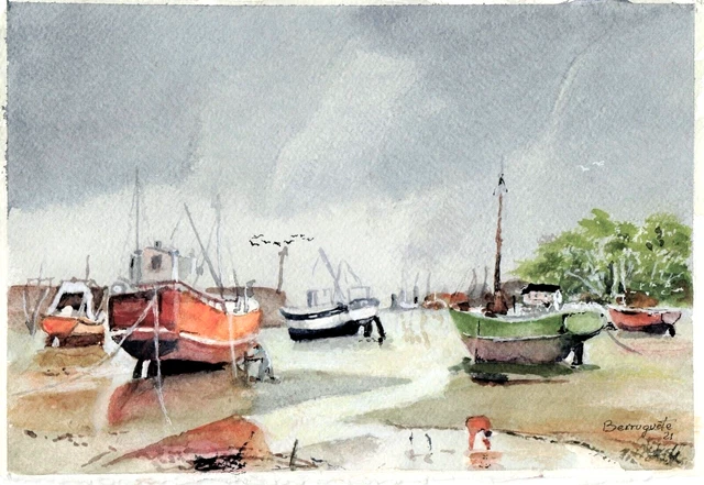 .ACUARELA ORIGINAL DE BERRUGUETE, PUERTO PESQUERO DEL NORTE 4 Watercolour OFERTA