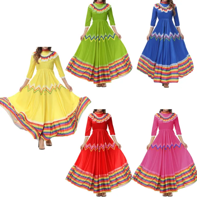 Womens Mexican Dance Dress Mock Neck 3/4 Sleeve Colorful Stripe Folklorico Dress