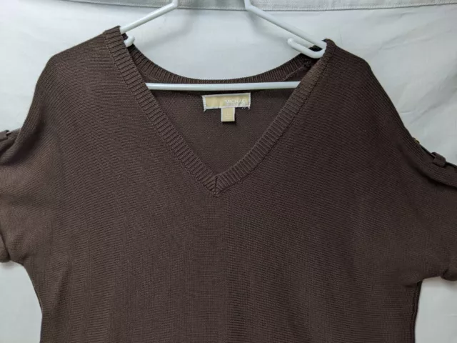 Michael Kors Sweater Women's L Brown Regular-Fit Roll Tab Sleeve V-Neck Pullover 3