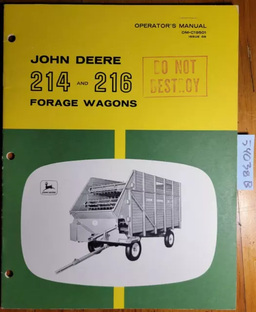 John Deere 214 216 Forage Wagon Owner's Operator's Manual OM-C19501 G8 7/68