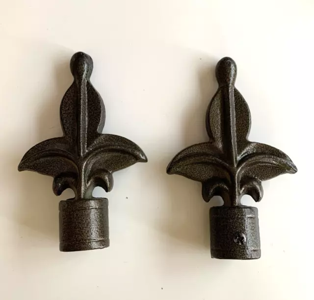 Pair 5" Fleur de Lis Finials Drapery Rod Curtain Cast Iron Heavy Window