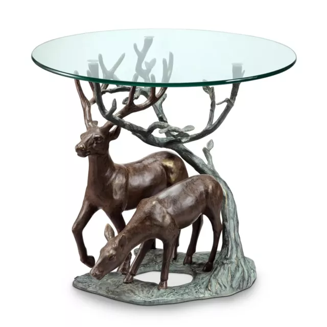 Round Shape Aluminum And Glass Deer Pair End Table 24 Inch Diameter