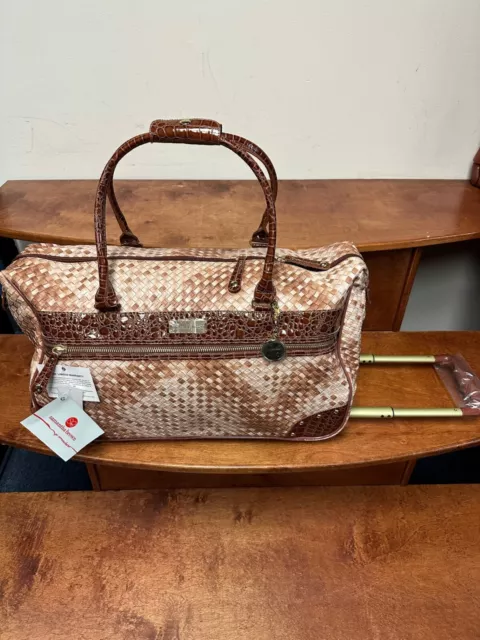 New Samantha Brown Rolling Embossed Wheeled Weekender Basketweave Brown/Beige