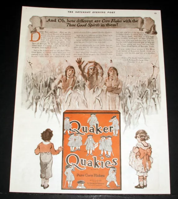 1921 Old Magazine Print Ad, Quaker Oats Quakies Corn Flakes, Nice Indian Art!