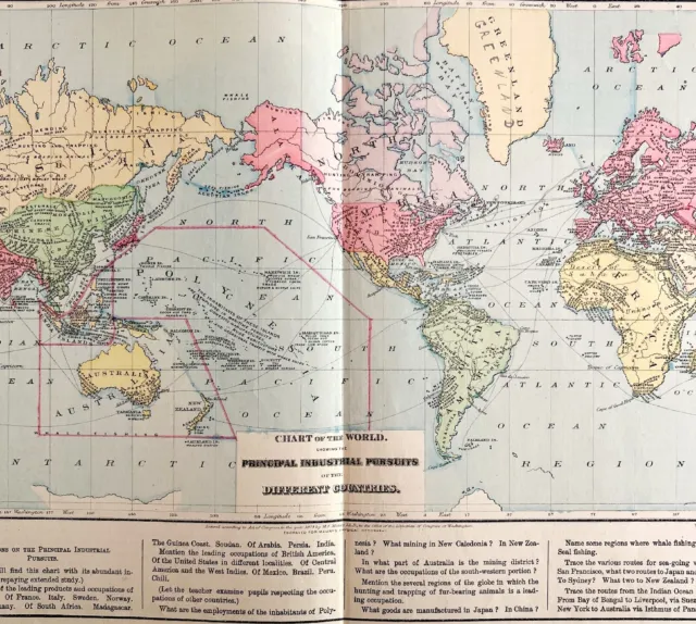 Map Of The World 1884 Principal Industrial Pursuits Victorian Lithograph DWP3D