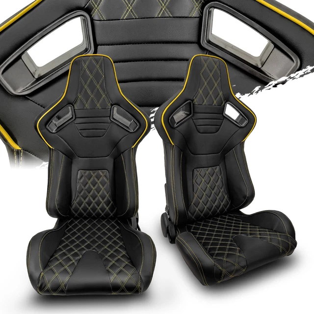 Black PVC Leather/Yellow Stitch Left/Right Recaro Style Racing Seats Pair
