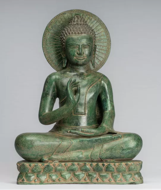 Antique Khmer Style Bronze Buddha Statue Dharmachakra Teaching Mudra - 47cm/19"