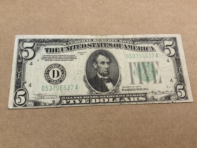 1934 D $5 Five Dollar Lime Green Seal Federal Reserve Note Cleveland Ohio