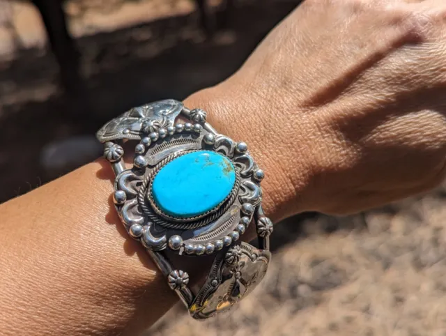 Navajo Cuff Bracelet Turquoise Sterling Silver Signed Native American Sz 7.2