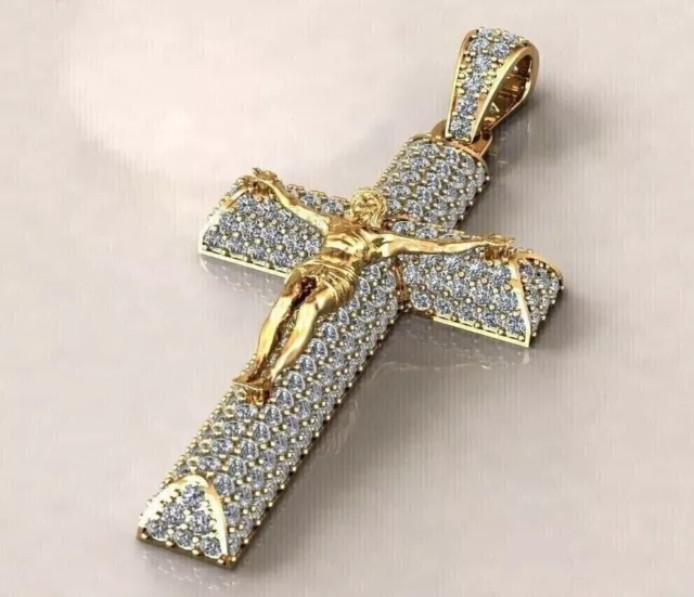 14K Yellow Gold Plated 2.00 Ct Round Cut Real Moissanite Jesus Cross Pendant