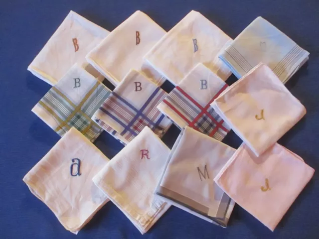 Mouchoir N°51 ancien coton couleur monogramme Lot de 12 dépareillés