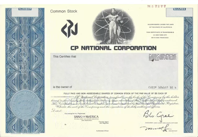 CP National Corporation " Spécimen " Commune Stock Certificat 50% OFF