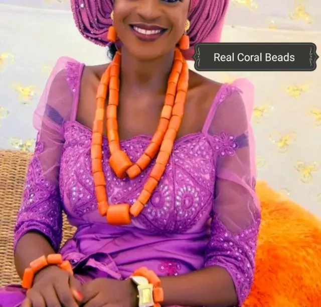 Real Coral Beads Orange 2 Layers Necklace Bracelets Nigerian Wedding Jewelry Set