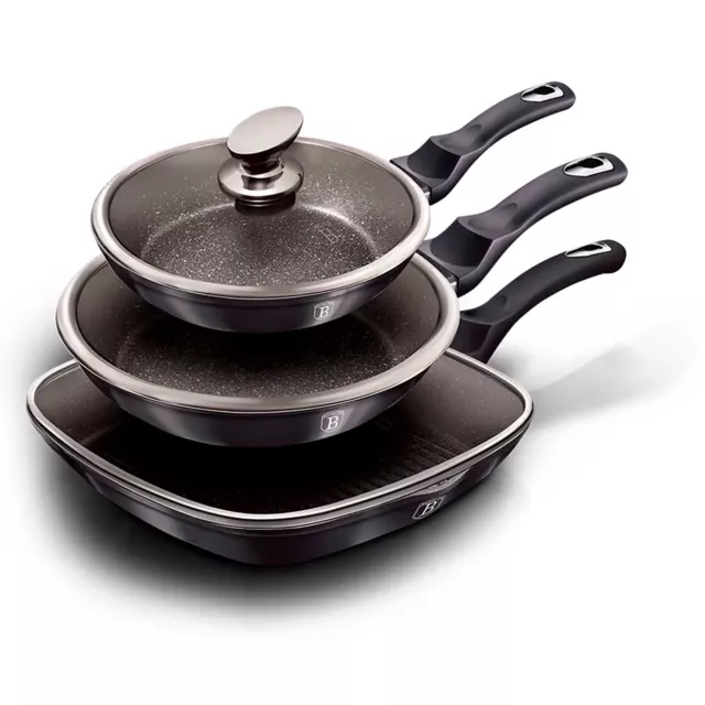 Set de 2 Poêles à Frire + 1 Grill Induction 20-24-28cm, Antiadhésif, Couvercles