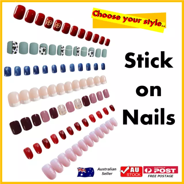 24PCS Fake Nails Reusable Stick On Nails Press on Full Cover False Nail Tips AU