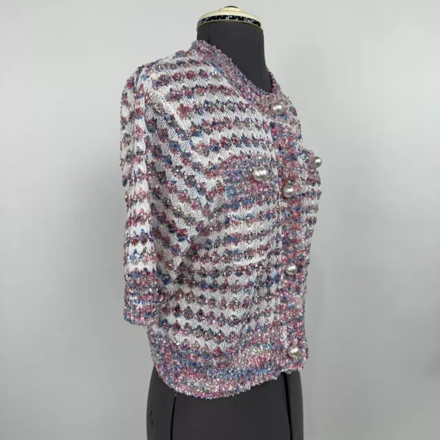 URBAN REVIVO French Style Boucle Cardigan Pearl Button Cropped sz L Short Sleeve 2