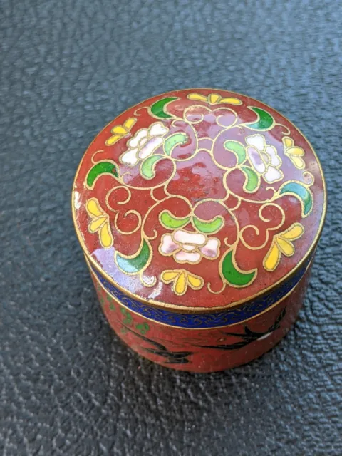 Antique Chinese Copper Enamel Cloisonne Tea Caddy Lidded Trinket Box Floral C5