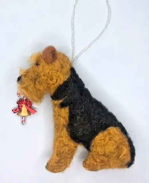AIREDALE / WELSH TERRIER  CANDY CANE / BELL decoration - PART NEEDLE FELTED DOG,