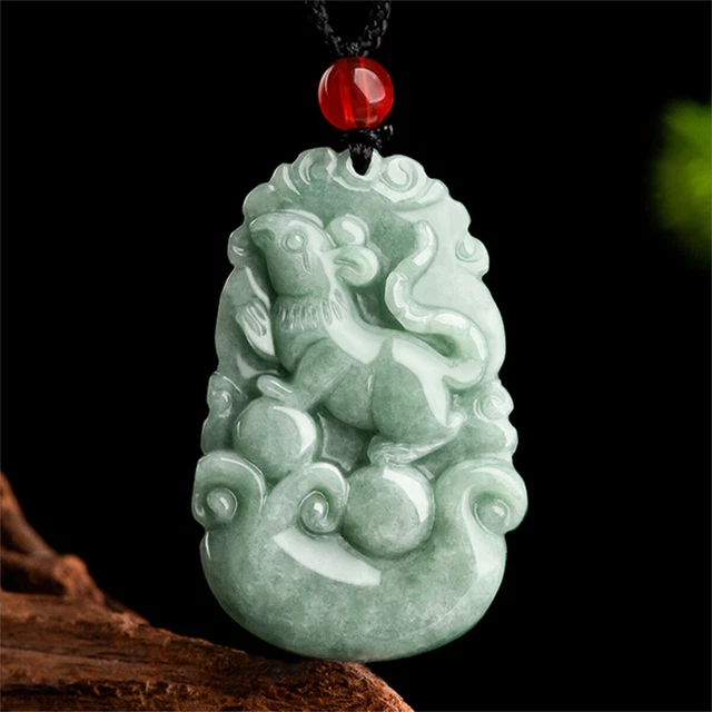 Chinese Natural A Grade Jadeite Green Jade Zodiac Pendant Lucky Amulet Necklace