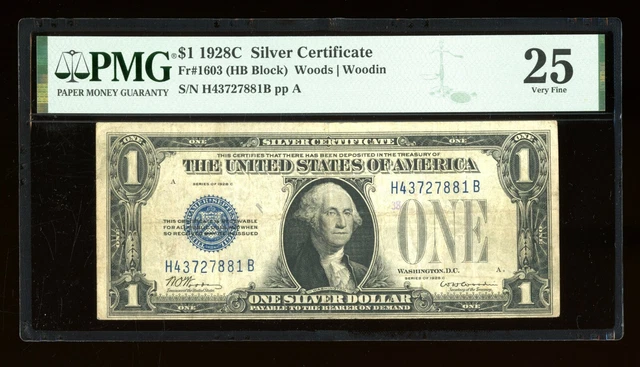 DBR 1928-C $1 Scarce Silver Funnyback HB Block Fr. 1603 PMG 25 Serial H43727881B