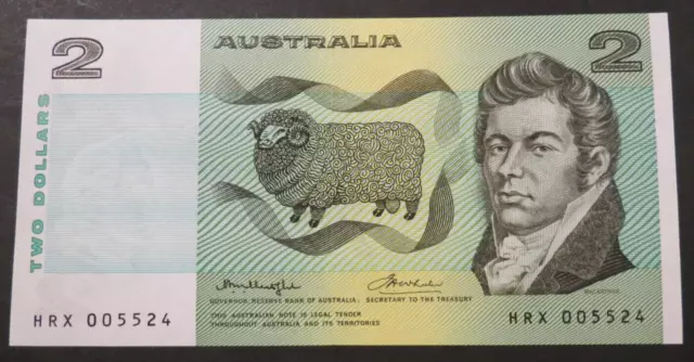 1976 Centre Unc. R86B $2 Two Dollar Knight Wheeler Paper Australia Note Banknote