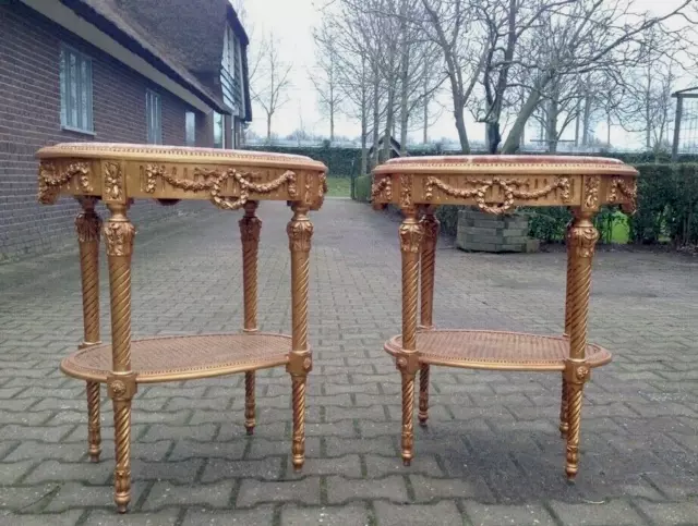 Pair of Vintage Louis XVI Style Side Tables: Gold Beech with Pink Marble Tops