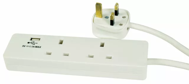 Mercury White 2 Gang Electrical Extension Lead Plug with USB Socket Port