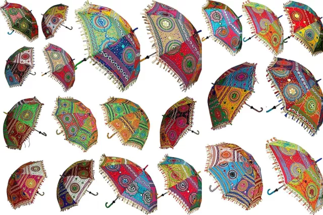 Indian Wholesale Lot Vintage Embroidered Pure Cotton Umbrellas Sun Parasol Decor