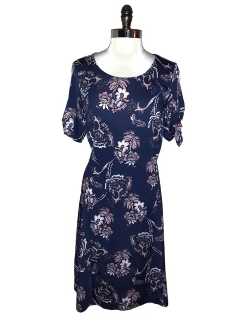 NY COLLECTION Plus Size 1X A- Line Dress Blue Pink Floral Short Sleeve Stretch