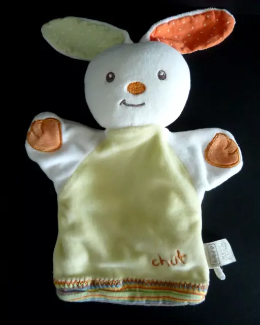 912. DOUDOU PLAT MARIONNETTE LAPIN BEBE 9 bébé 9  blanc orange jaune écru TTBE