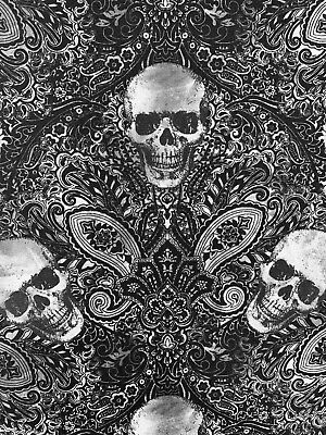 Skulls fabric, gothic wicked skeleton cotton, black grey paisley damask