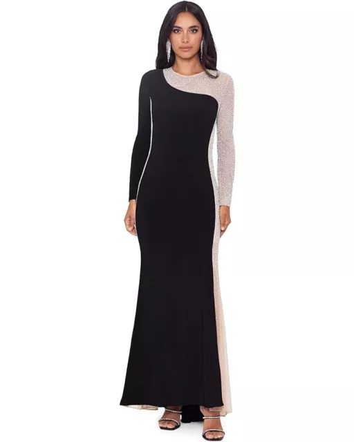 Xscape Black Nude Silver Crystal Beaded Long Sleeve Gown Size 8 $368