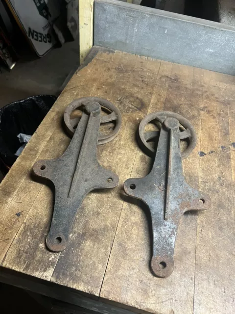 Antique Old 6” Primitive Cast Iron Barn Door Rollers Pulley Hanger Pair Set USA