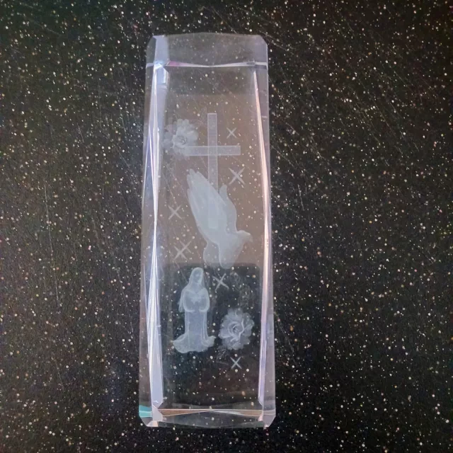 Virgin Mary Crystal 3D Laser Etched Praying Hands Glass Cross Decorative Boxed