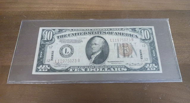 $10 Series 1934A FRN "HAWAII" Emergency WW2 Overprint LB-Block Ten Dollar Note