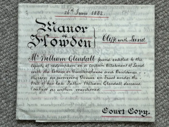1882 Indentured Property Deed, Manor Of Howden, Cliffe With Lund, Yorkshire
