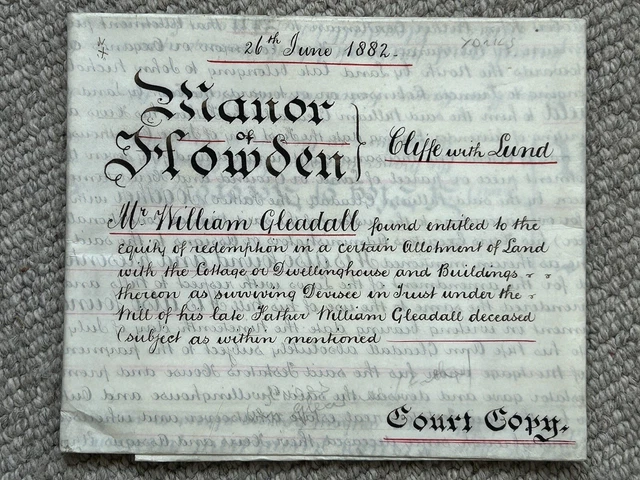 1882 Indentured Property Deed, Manor Of Howden, Cliffe With Lund, Yorkshire