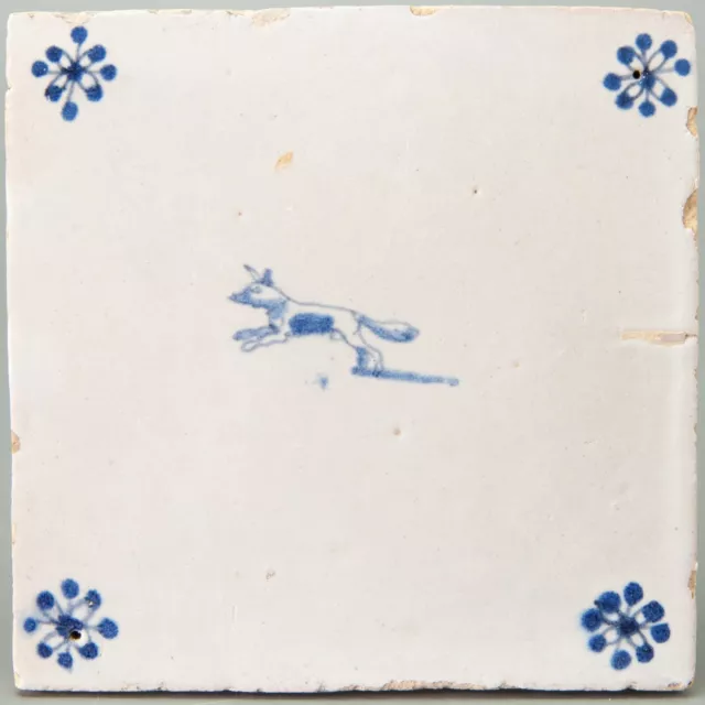 Nice Dutch Delft Blue animal tile, jumping dog, 17th. century.